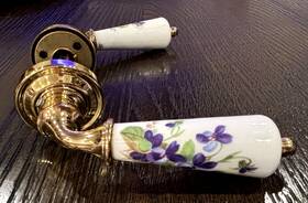 5150.357 Baldwin Porcelain Limoges Brass Lever Set Purple Pansies Usa Complete