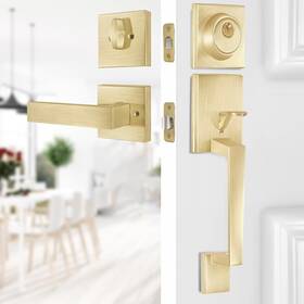 Bonkudoo 614162397696 Entry Front Door Handle Satin Brass Square Lock Set With Single Cylin