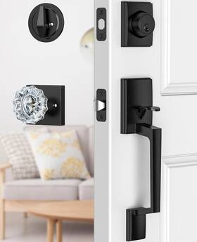 Sy2148-mb Calzibeno Black Front Door Handle And Deadbolt Set Lock With Crystal Glass