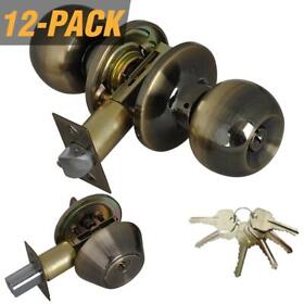 Ed04-12 Door Knob Adjustable Backset Deadbolt Rekeyable Metal Antique Brass 12-pack