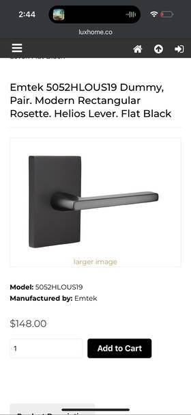 5052hlous19 Emtek Helios Dummy Set Modern Rectangular Rosette Flat Black