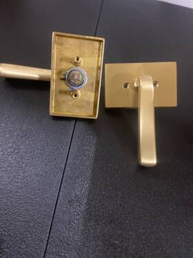 510sious4 Emtek Sion Passage Door Lever Set Satin Brass Modern Rect. Rosette