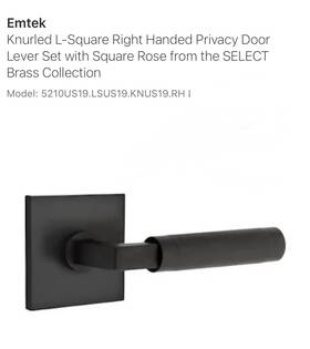 5210us19.lsus19.knus19.rh Emtek Knurled L-square Rosette Right Hand Privacy Door Lever Flat Black Us19