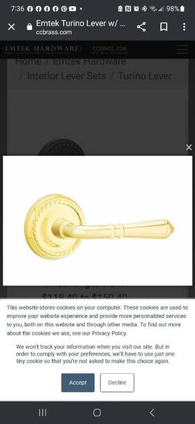 810tus19 Emtek Turino Brass Modern Passage Leverset - Gold See Pics