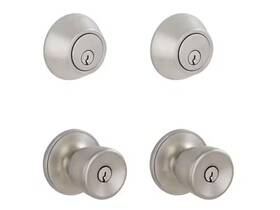 Essentials By Schlage 445015385347 Brill Satin Stainless Steel Single Cylinder Deadbolt Keyed Entry Door Knobs Pac