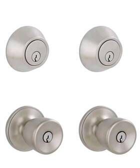 Essentials By Schlage 445032312326 Brill Satin Stainless Steel Single Cylinder Deadbolt And Keyed Entry Door Knob P