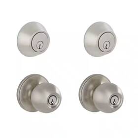 Essentials By Schlage 445034926996 Morrow Satin Stainless Steel Single Cylinder Deadbolt And Keyed Entry Door Knob
