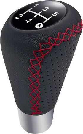 Fitala 331813948571 Universal Leather Gear Shift Knob 5 Speed Manual Black With Red Stitching