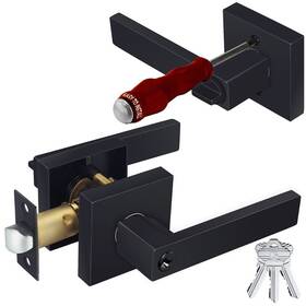 Hade Lion 738630753453 Entry Matte Black Door Handle Locks With Keys Square Entrance Straight