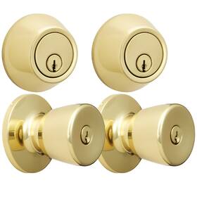 Htd3141-105 Hyper Tough Keyed Entry Polished Brass Bell Doorknob And Deadbolt