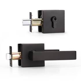 Jo-dl01ps105-bk-combo-2pack Knobwell 2 Pack Square Matte Black Front Door Handle Set With Keyed Deadbolt And Lever