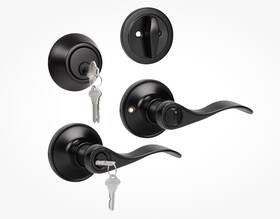 Knobwell L-12061et-101-bk-cb-1pack Entry Lever Door Handle And Single Cylinder Deadbolt Set Keyed Alike X2