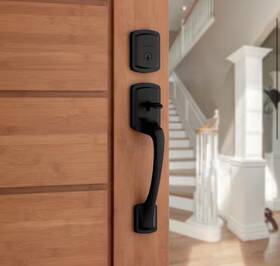 Kwikset 313087239240 Prague Matte Black Single Cyl. Entry Door Handleset With Round Pismo Knob