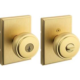 Kwikset 744110027341 Sora Satin Brass Keyed Entry 2.19 Inch Rectangle Rose Round Door Knob Featuring S