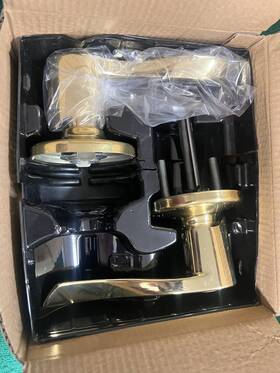 94059-069 Kwikset Entry Door Knob Lever Polished Brass Balboa