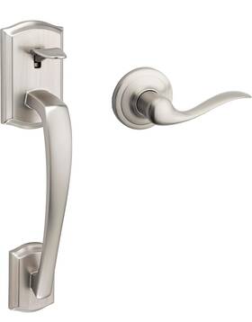 98150-013 Kwikset New Prescott Front Door Handle With Reversible Handed Lever Satin Nickel