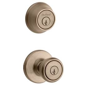 Tst690t5smtk6v1 Kwikset Tylo Antique Brass Entry Door Knob And Deadbolt Combo Pack 96900-423 New