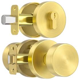 Naubea 658359051640 Gold Door Knob With Deadbolt Lock Satin Brass Front Handle Deadbol