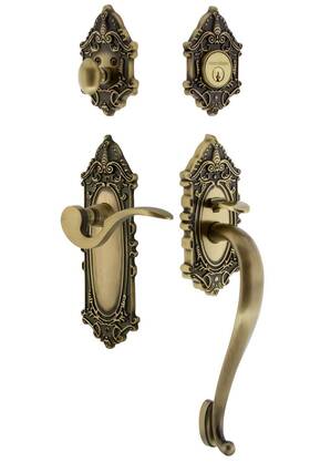 Nostalgic 640697678771 Warehouse Victorian Plate S Grip Entry Set Manor Lever In Antique Brass