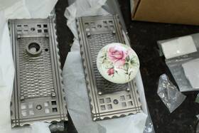 715663 Nostalgic Warehouse Privacy Door Handle Hardware Antique Pewter Finish Rose Floral Porcelain Knobs