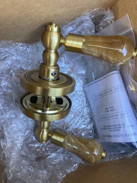 K941 Phylrich Satin Gold Leather Door Knob Brown Marble Handles 004