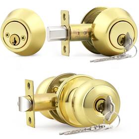 Probrico 941154050876 Keyed Alike Round Ball Entry Door Knob Double Cylinder Deadbolt Set Polished Bra