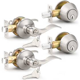 Dl12061et-101sn-combo-2pack Probrico Drop Style Entry Door Handle Set With Single Cylinder Deadbolt In Satin Nicke