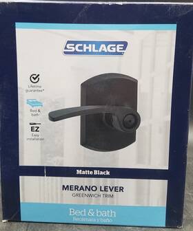 Schlage 043156719709 Merano Lever Greenwich Trim Bed And Bath Privacy Door Lock Matte Black New