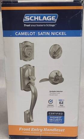 Schlage 194555135321 New-schlage Camelot Entry Handleset With Accent Lever And Deadbolt Satin Nickel
