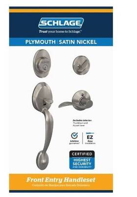 F60gply619acc Schlage 194555147249 Plymouth Entry Door Handleset With Accent - Satin Nickel