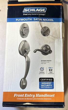 F60gply619fla Schlage 194555147270 Plymouth / Flair Satin Nickel Brass Single Cylinder Front Door Set