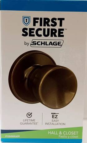 P10hwk609 Schlage First Secure By Hall And Closet Door Knob Antique Brass Hawkins New