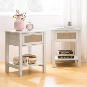 Nd003 Sicotas White Nightstand Set Of 2 Rattan Decor Drawer With Brass Knobs Night
