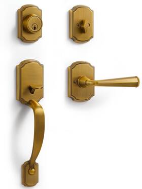 Sorwduerm 769643835607 1 Pack Antique Brass Front Door Handle And Deadbolt Set Reversible Lever Entr