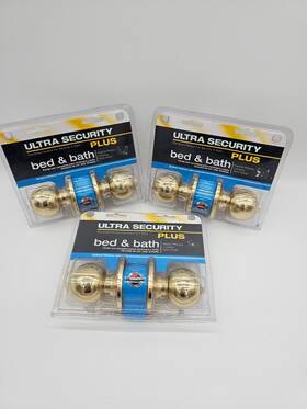 43472 Ultra Security Plus Bed Bath Door Knob Polished Brass 3 Pack