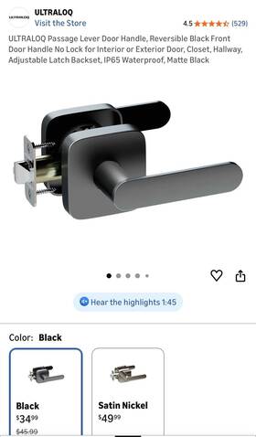 Po11481 Ultraloq Passage Door Lever Matte Black Metal Reversible Adjustable Waterproof