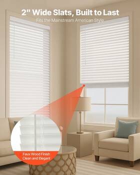 Vevor 197988338574 Faux Wood Blinds 2 Inch Slat 34.5 W X 60 H Cordless Window And Shades White