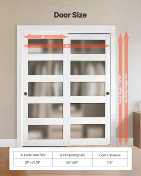 Vevor 197988697886 Sliding Closet Door 60 Inch Double 31 X 80 5-lite Frosted Glass Bypass S