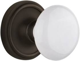 704841 Warehouse Classic Rosette White Porcelain Round Door Knob Oil Rubbed Bronze