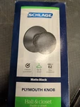 Schlage Plymouth Passage Knob Matte Black F10PLY622 #8QU. Fixed Price $28.00.