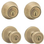 Kwikset Tylo Antique Brass Entry Door Knob & Single Cylinder Deadbolt Combo Pack. Fixed Price $44.99.