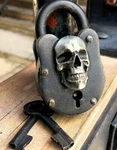 Skull Cast Iron Wicca Lock Pirate Antique Treasure Chest Medievil Skeleton Key. Fixed Price $67.00.