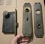 Large Art Deco Sargent Mortise Lock W Brass Door Plates Turn Knob. Fixed Price $150.00.
