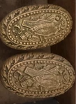 Antique Victorian Brass Oval Door Knobs Shield & Belt Garter Design. Fixed Price $75.00.