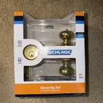 Schlage FB50 V 605 Plymouth Entry Knob & Deadbolt Combo, Bright Brass Finish. Fixed Price $46.00.