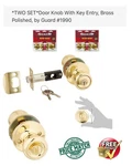 Door Knob With Key Entry, Brass Polished, By Guard #1990 (2 Set). Fixed Price $24.99.