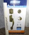 Schlage Camelot Antique Brass Entry Door Handle Set Deadbolt Lock Georgian Knob. Fixed Price $72.00.