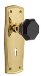 Nostalgic Warehouse Polished Brass Prairie Plate Keyhole Black Knob Passage Set. Fixed Price $119.99.