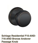 Schlage Residential F10-AND-716-AND Bronze Andover Passage Knob New In Open Box. Fixed Price $18.99.
