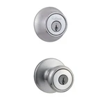 Kwikset Tylo Satin Chrome Exterior Entry Door Knob And Single Cylinder Deadbolt. Fixed Price $29.95.